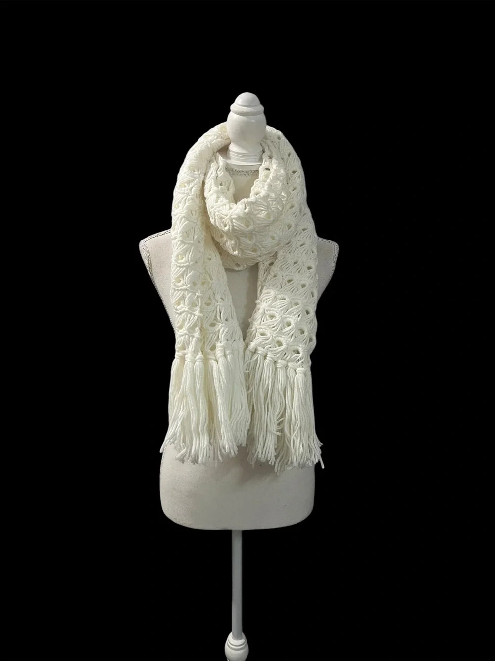 Vintage Hand Crochet Shawl Wrap Open Knit White Fringe